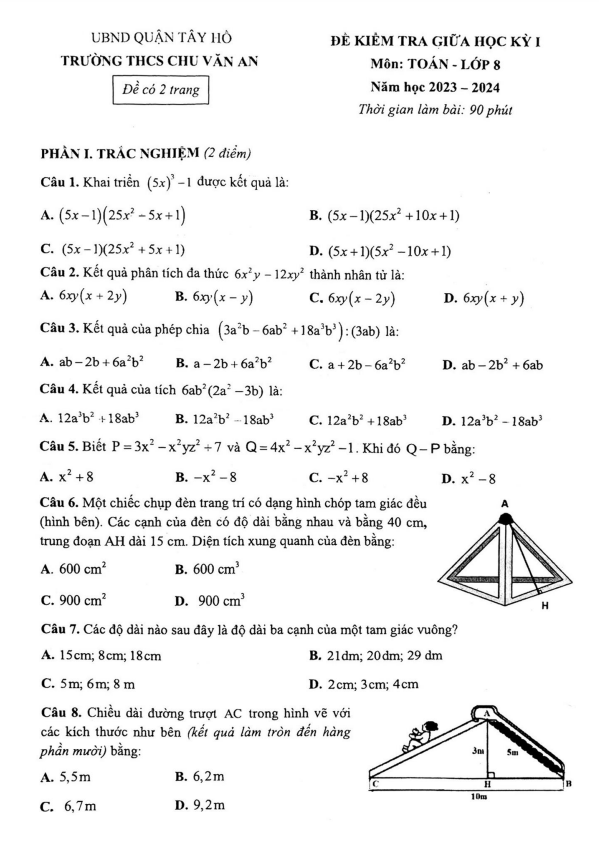 Đề giữa học kỳ 1 Toán 8 năm 2023 – 2024 trường THCS Chu Văn An – Hà Nội