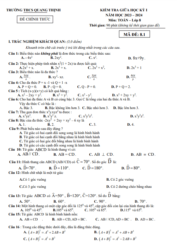 Đề giữa học kỳ 1 Toán 8 năm 2023 – 2024 trường THCS Quang Thịnh – Bắc Giang