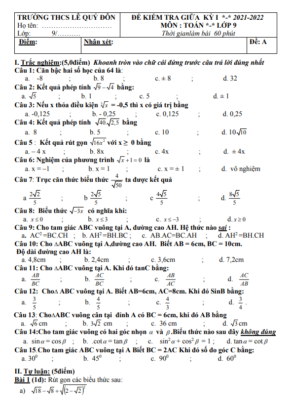 Đề giữa học kỳ 1 Toán 9 năm 2021 – 2022 trường THCS Lê Quý Đôn – Quảng Nam