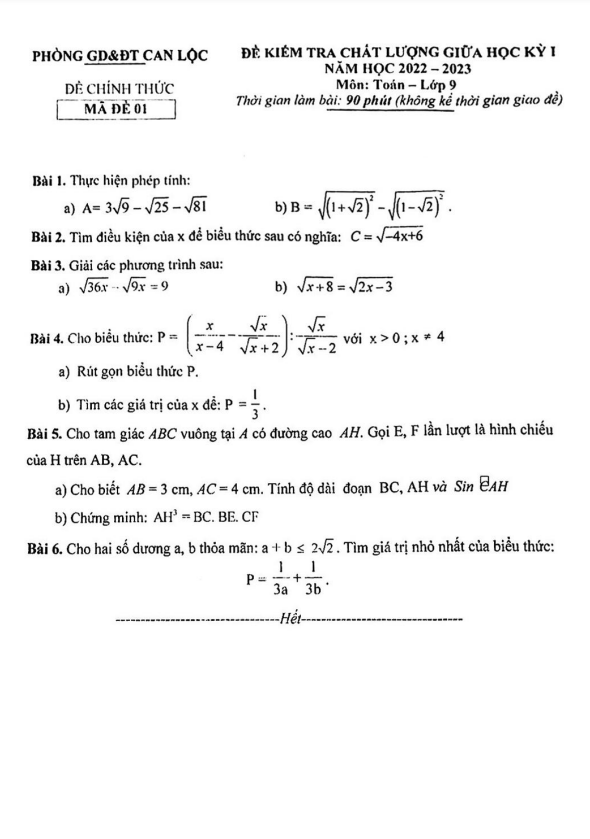 Đề giữa học kỳ 1 Toán 9 năm 2022 – 2023 phòng GD&ĐT Can Lộc – Hà Tĩnh