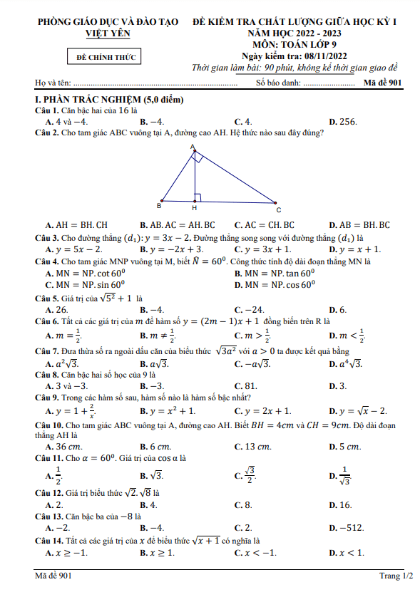 Đề giữa học kỳ 1 Toán 9 năm 2022 – 2023 phòng GD&ĐT Việt Yên – Bắc Giang