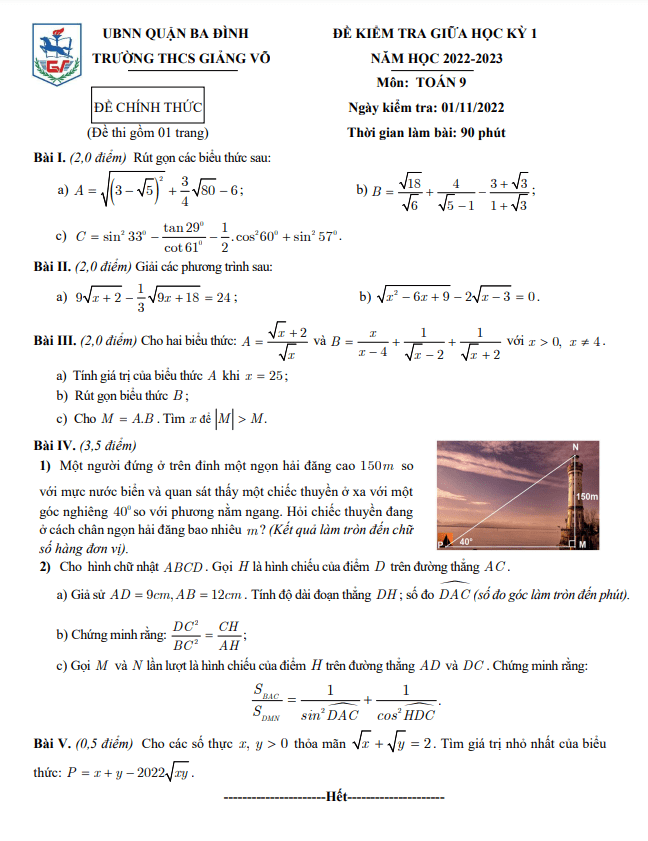 Đề giữa học kỳ 1 Toán 9 năm 2022 – 2023 trường THCS Giảng Võ – Hà Nội