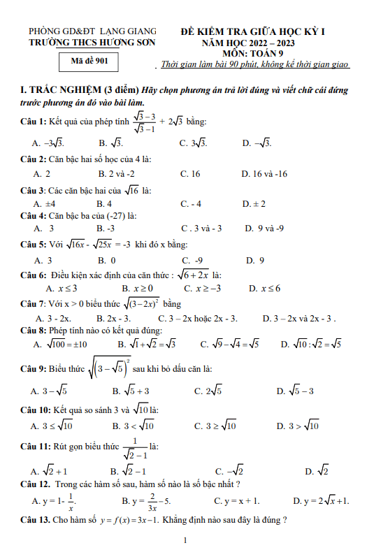 Đề giữa học kỳ 1 Toán 9 năm 2022 – 2023 trường THCS Hương Sơn – Bắc Giang