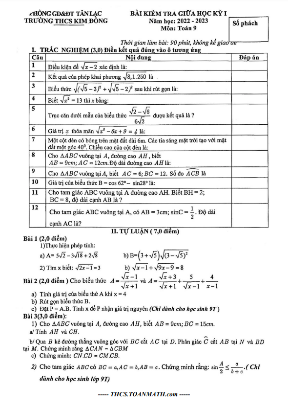 Đề giữa học kỳ 1 Toán 9 năm 2022 – 2023 trường THCS Kim Đồng – Hòa Bình