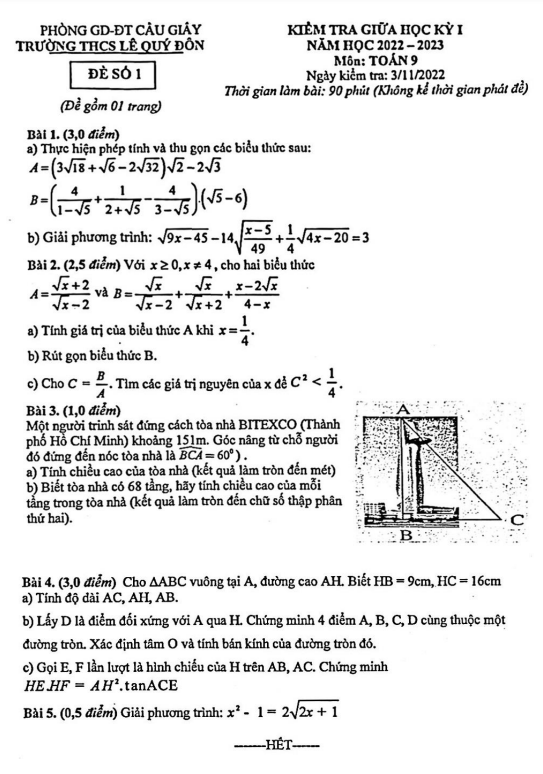 Đề giữa học kỳ 1 Toán 9 năm 2022 – 2023 trường THCS Lê Quý Đôn – Hà Nội