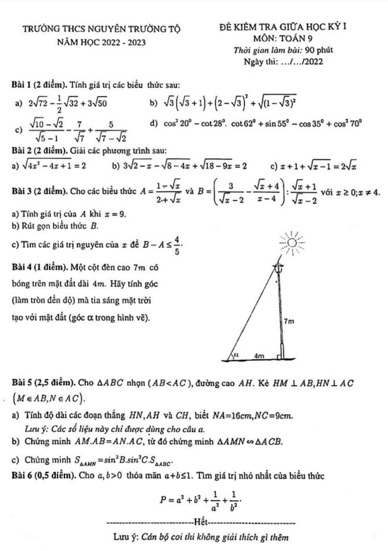 Đề giữa học kỳ 1 Toán 9 năm 2022 – 2023 trường THCS Nguyễn Trường Tộ – Hà Nội