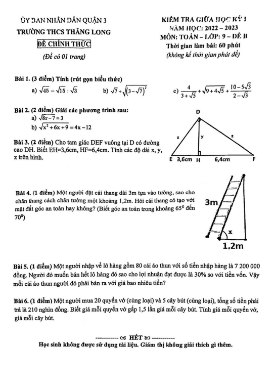 Đề giữa học kỳ 1 Toán 9 năm 2022 – 2023 trường THCS Thăng Long – TP HCM