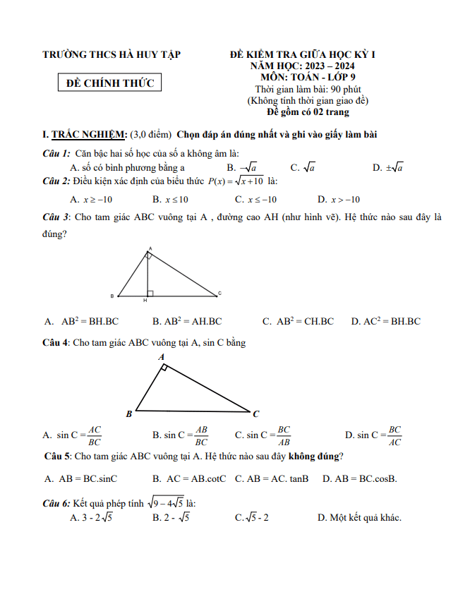 Đề giữa học kỳ 1 Toán 9 năm 2023 – 2024 trường THCS Hà Huy Tập – BR VT