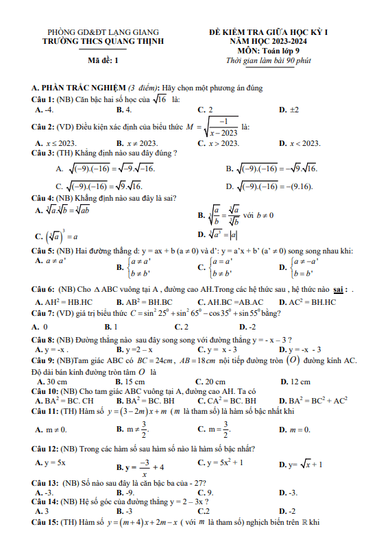 Đề giữa học kỳ 1 Toán 9 năm 2023 – 2024 trường THCS Quang Thịnh – Bắc Giang