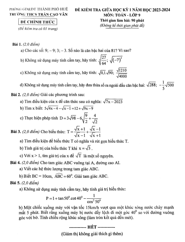 Đề giữa học kỳ 1 Toán 9 năm 2023 – 2024 trường THCS Trần Cao Vân – TT Huế