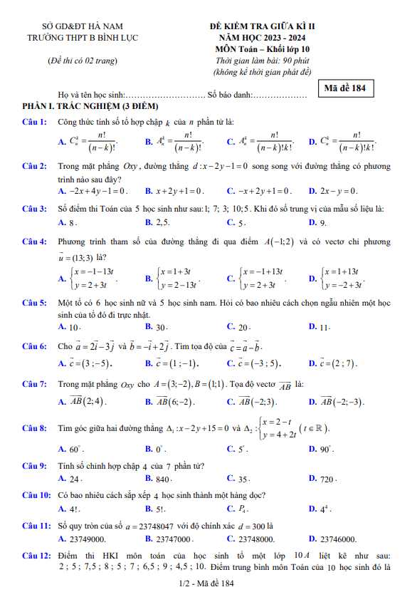 Đề giữa học kỳ 2 Toán 10 năm 2023 – 2024 trường THPT B Bình Lục – Hà Nam