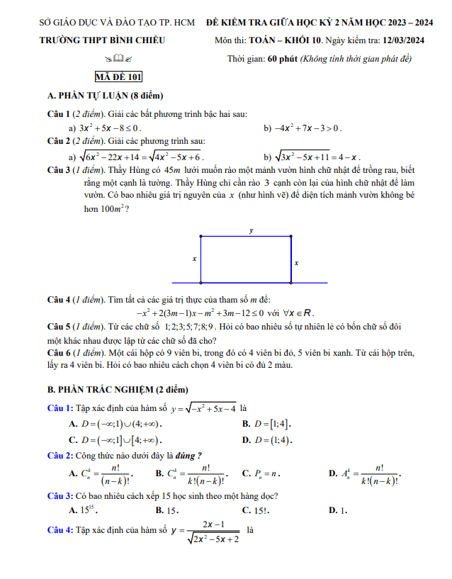 Đề giữa học kỳ 2 Toán 10 năm 2023 – 2024 trường THPT Bình Chiểu – TP HCM