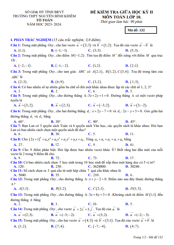 Đề giữa học kỳ 2 Toán 10 năm 2023 – 2024 trường THPT Nguyễn Bỉnh Khiêm – BR VT