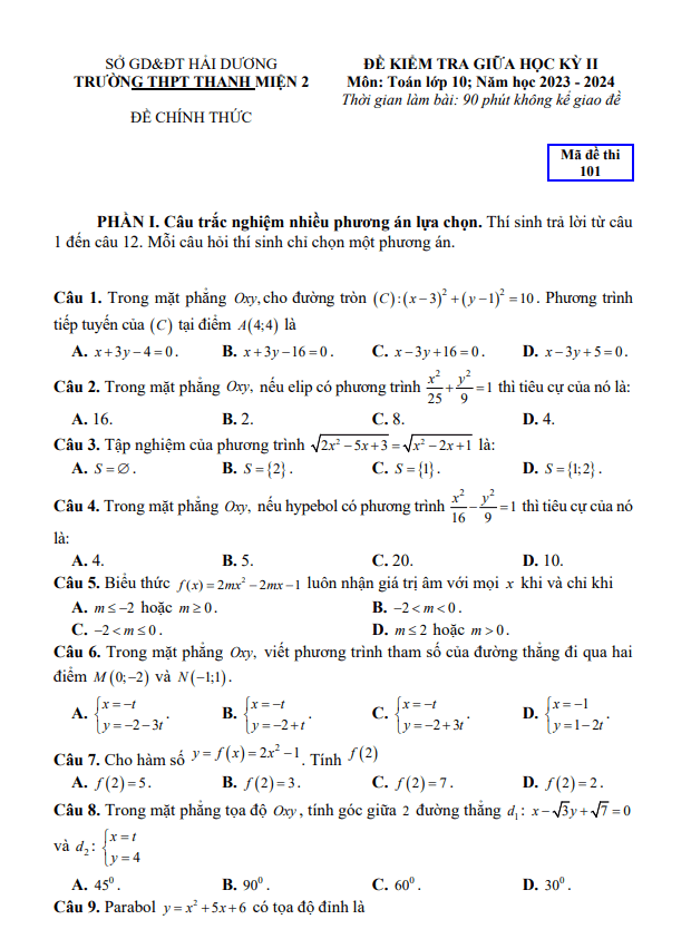 Đề giữa học kỳ 2 Toán 10 năm 2023 – 2024 trường THPT Thanh Miện 2 – Hải Dương