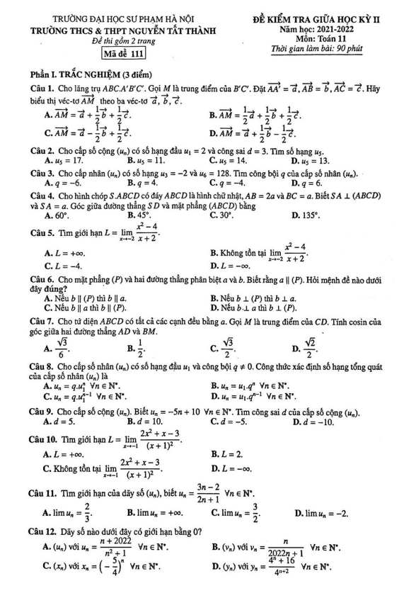 Đề giữa học kỳ 2 Toán 11 năm 2021 – 2022 trường Nguyễn Tất Thành – Hà Nội
