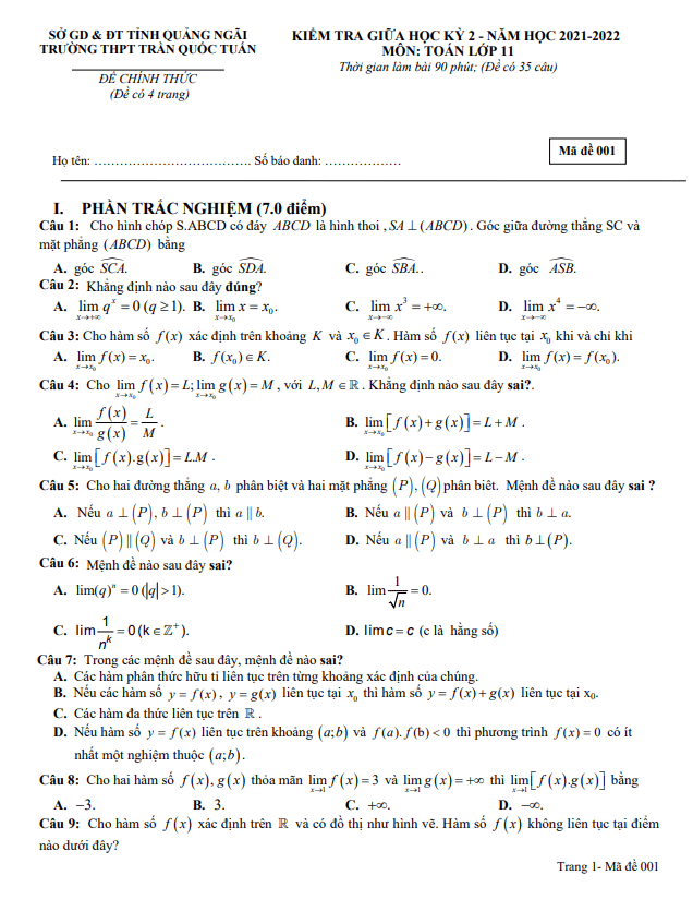 Đề giữa học kỳ 2 Toán 11 năm 2021 – 2022 trường THPT Trần Quốc Tuấn – Quảng Ngãi