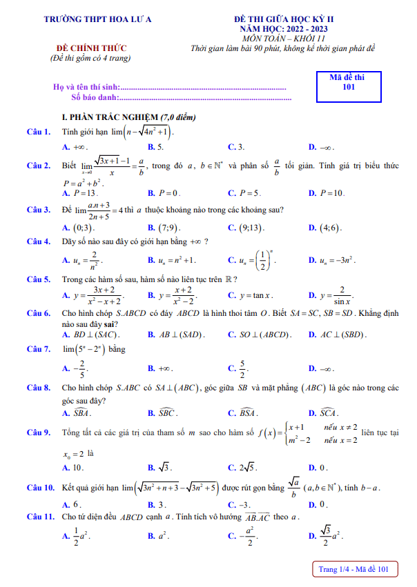 Đề giữa học kỳ 2 Toán 11 năm 2022 – 2023 trường THPT Hoa Lư A – Ninh Bình