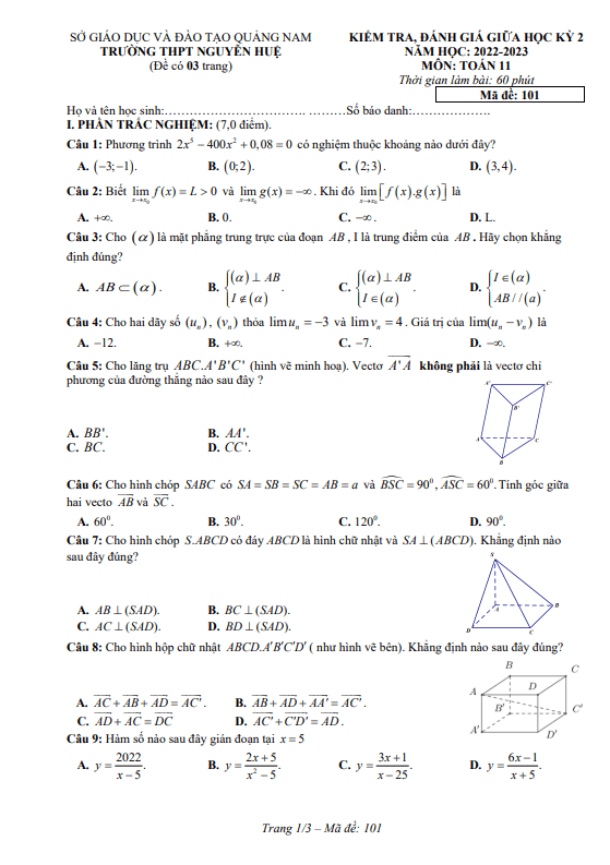 Đề giữa học kỳ 2 Toán 11 năm 2022 – 2023 trường THPT Nguyễn Huệ – Quảng Nam