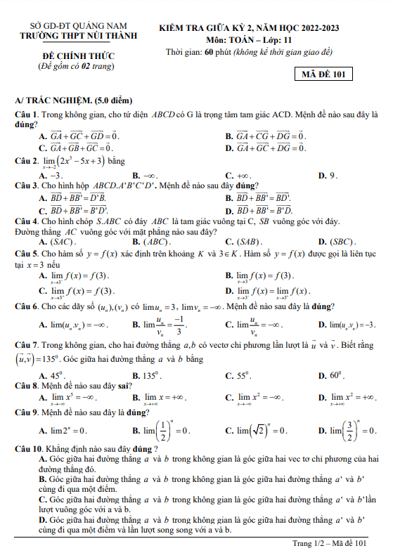 Đề giữa học kỳ 2 Toán 11 năm 2022 – 2023 trường THPT Núi Thành – Quảng Nam