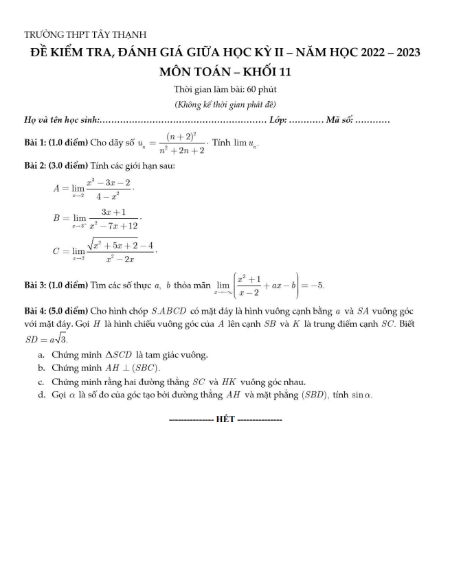 Đề giữa học kỳ 2 Toán 11 năm 2022 – 2023 trường THPT Tây Thạnh – TP HCM