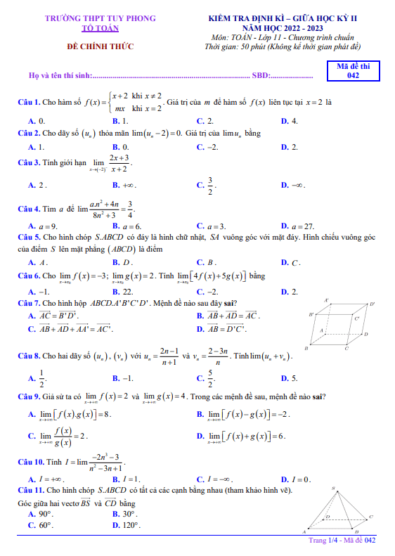 Đề giữa học kỳ 2 Toán 11 năm 2022 – 2023 trường THPT Tuy Phong – Bình Thuận