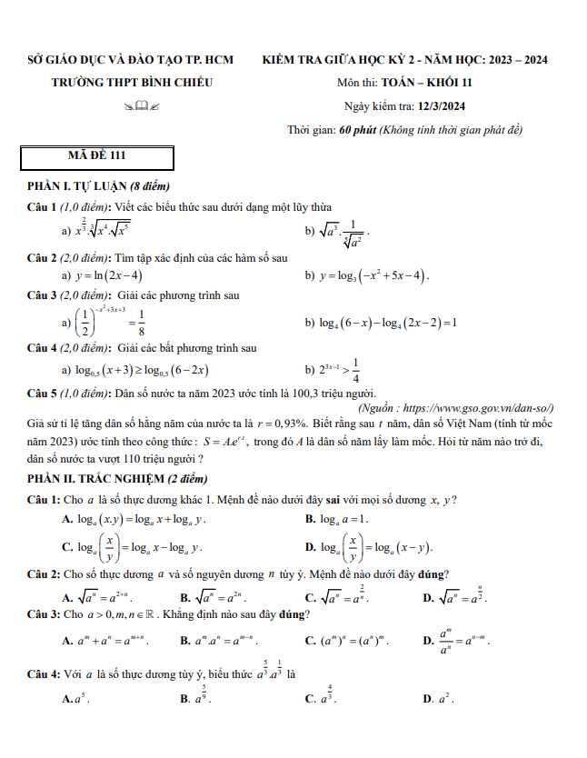 Đề giữa học kỳ 2 Toán 11 năm 2023 – 2024 trường THPT Bình Chiểu – TP HCM