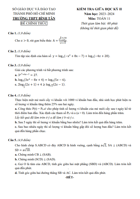 Đề giữa học kỳ 2 Toán 11 năm 2023 – 2024 trường THPT Bình Tân – TP HCM