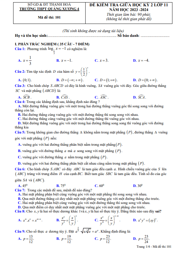 Đề giữa học kỳ 2 Toán 11 năm 2023 – 2024 trường THPT Quảng Xương 4 – Thanh Hóa