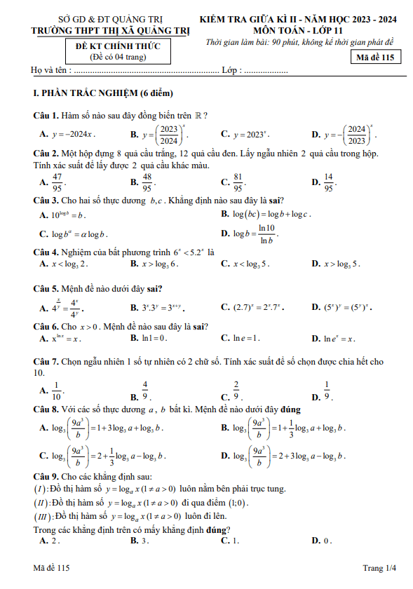 Đề giữa học kỳ 2 Toán 11 năm 2023 – 2024 trường THPT Thị xã Quảng Trị