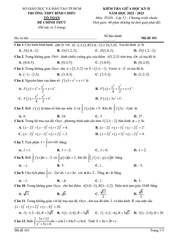 Đề giữa học kỳ 2 Toán 12 năm 2022 – 2023 trường THPT Bình Chiểu – TP HCM
