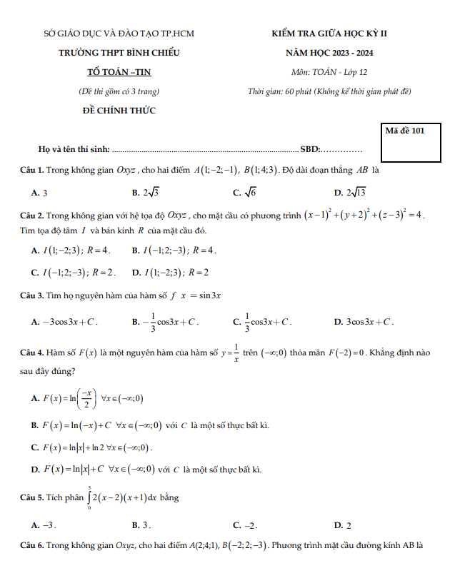 Đề giữa học kỳ 2 Toán 12 năm 2023 – 2024 trường THPT Bình Chiểu – TP HCM