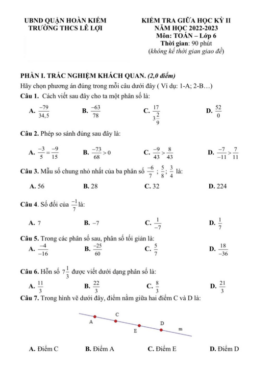 Đề giữa học kỳ 2 Toán 6 năm 2022 – 2023 trường THCS Lê Lợi – Hà Nội
