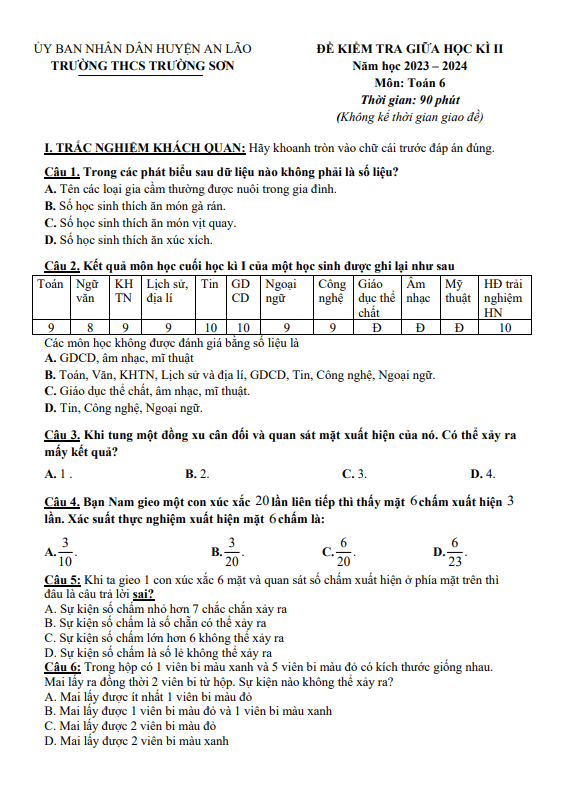 Đề giữa học kỳ 2 Toán 6 năm 2023 – 2024 trường THCS Trường Sơn – Hải Phòng