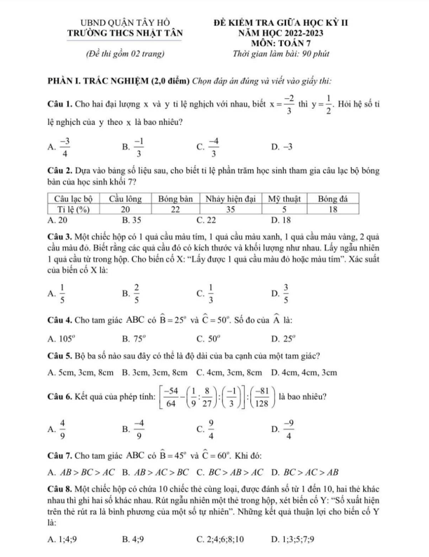 Đề giữa học kỳ 2 Toán 7 năm 2022 – 2023 trường THCS Nhật Tân – Hà Nội