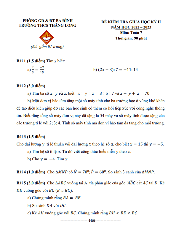Đề giữa học kỳ 2 Toán 7 năm 2022 – 2023 trường THCS Thăng Long – Hà Nội