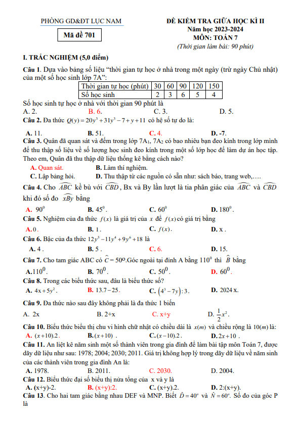 Đề giữa học kỳ 2 Toán 7 năm 2023 – 2024 phòng GD&ĐT Lục Nam – Bắc Giang