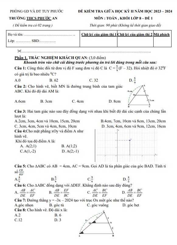 Đề giữa học kỳ 2 Toán 8 năm 2023 – 2024 trường THCS Phước An – Bình Định