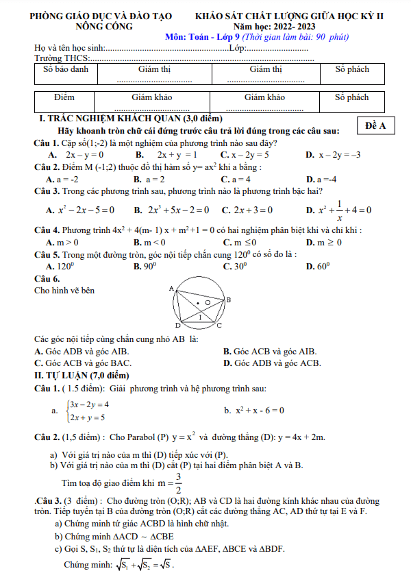 Đề giữa học kỳ 2 Toán 9 năm 2022 – 2023 phòng GD&ĐT Nông Cống – Thanh Hóa