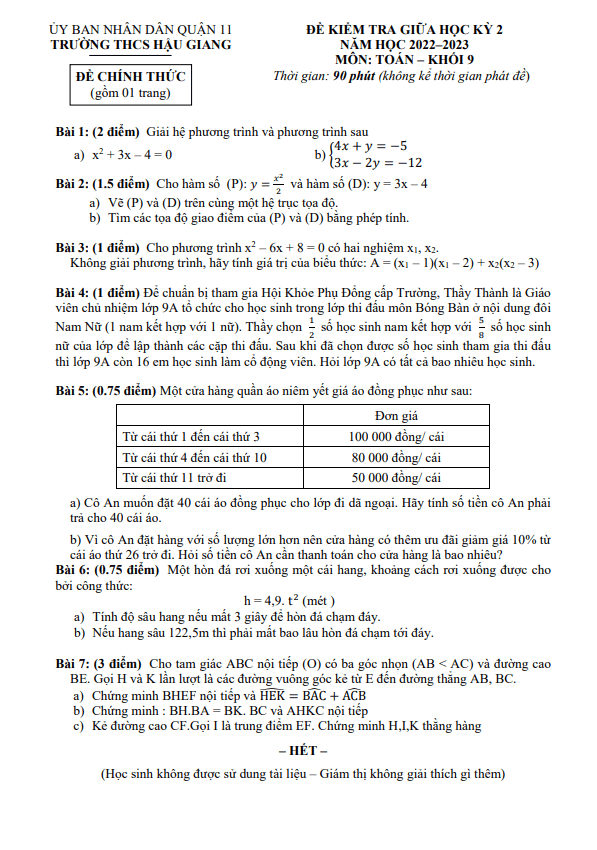Đề giữa học kỳ 2 Toán 9 năm 2022 – 2023 trường THCS Hậu Giang – TP HCM