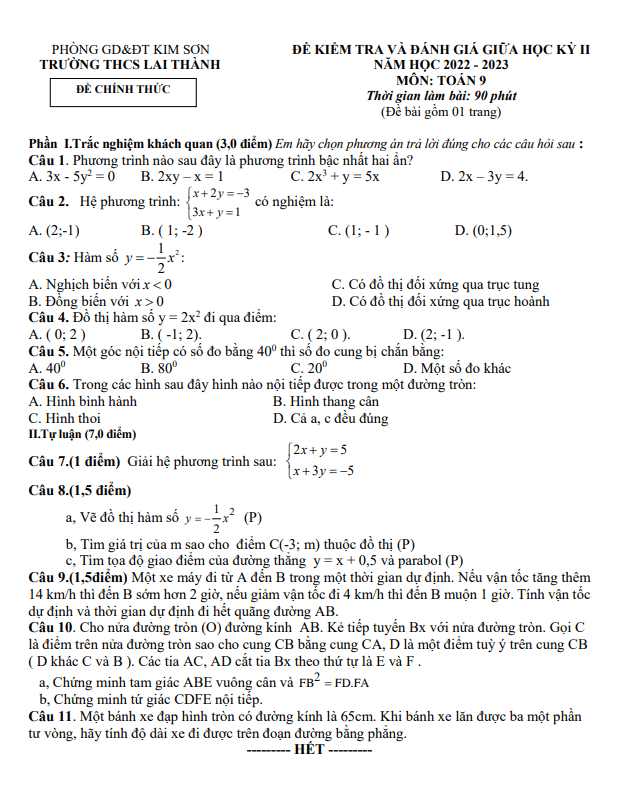 Đề giữa học kỳ 2 Toán 9 năm 2022 – 2023 trường THCS Lai Thành – Ninh Bình
