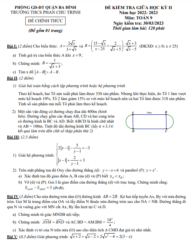 Đề giữa học kỳ 2 Toán 9 năm 2022 – 2023 trường THCS Phan Chu Trinh – Hà Nội