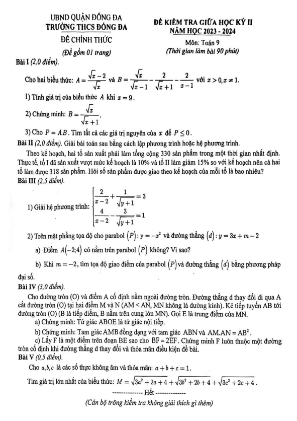 Đề giữa học kỳ 2 Toán 9 năm 2023 – 2024 trường THCS Đống Đa – Hà Nội