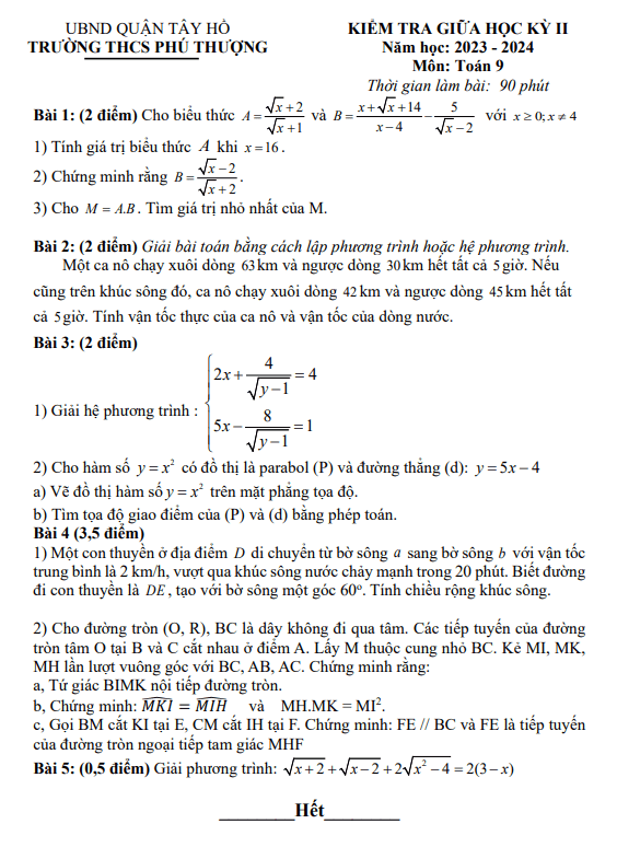 Đề giữa học kỳ 2 Toán 9 năm 2023 – 2024 trường THCS Phú Thượng – Hà Nội