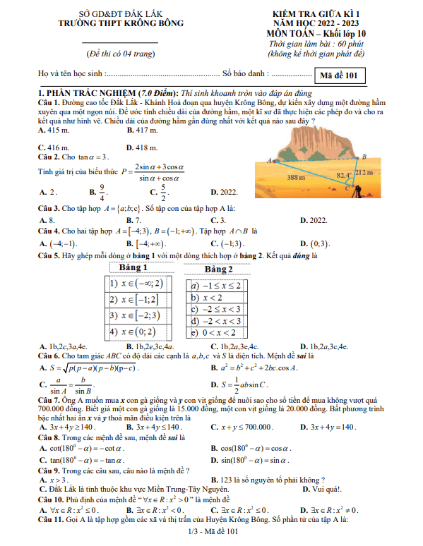 Đề giữa kì 1 Toán 10 năm 2022 – 2023 trường THPT Krông Bông – Đắk Lắk