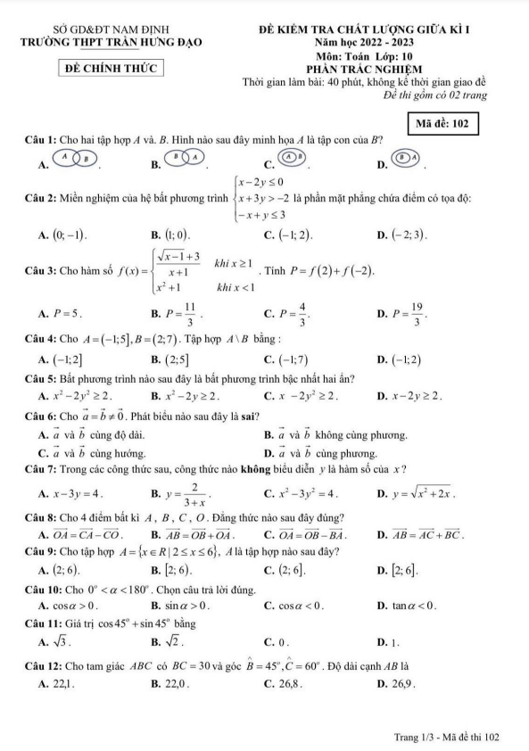 Đề giữa kì 1 Toán 10 năm 2022 – 2023 trường THPT Trần Hưng Đạo – Nam Định