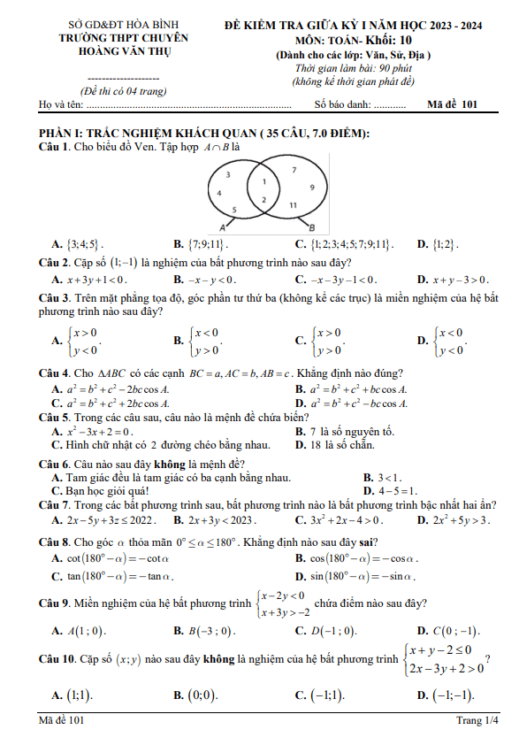 Đề giữa kì 1 Toán 10 năm 2023 – 2024 trường chuyên Hoàng Văn Thụ – Hòa Bình