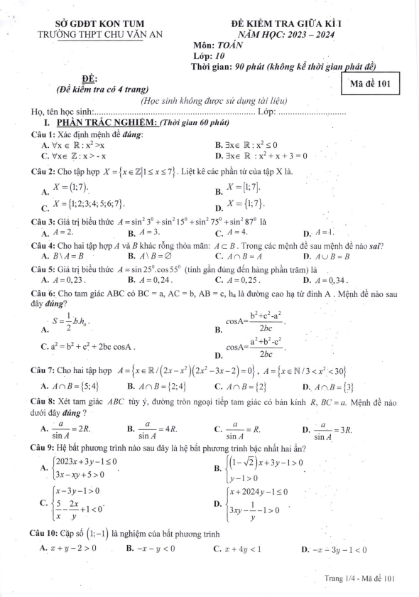 Đề giữa kì 1 Toán 10 năm 2023 – 2024 trường THPT Chu Văn An – Kon Tum