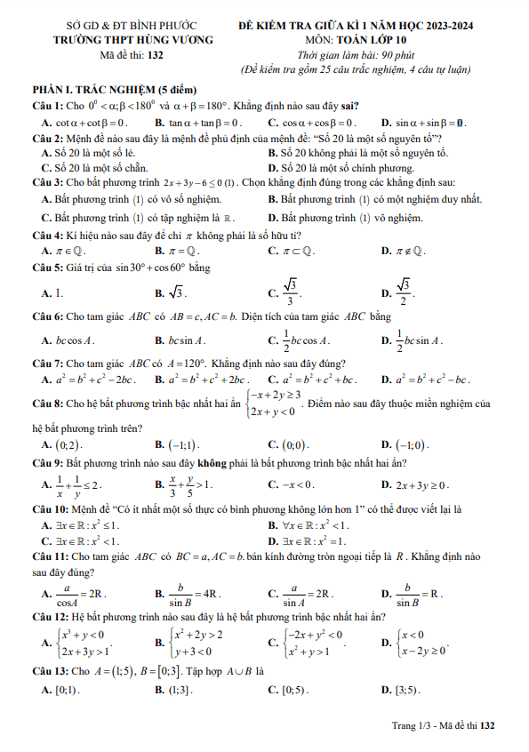 Đề giữa kì 1 Toán 10 năm 2023 – 2024 trường THPT Hùng Vương – Bình Phước