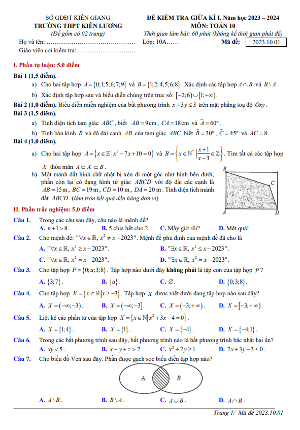 Đề giữa kì 1 Toán 10 năm 2023 – 2024 trường THPT Kiên Lương – Kiên Giang