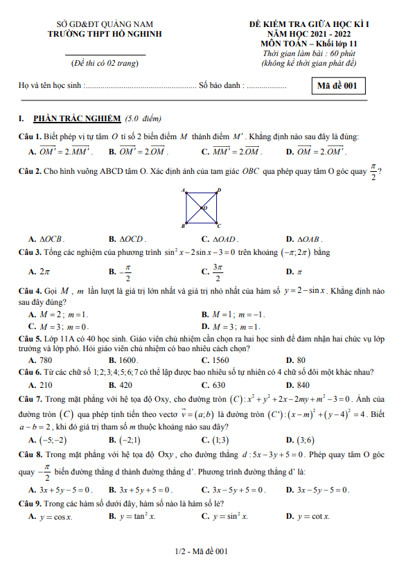 Đề giữa kì 1 Toán 11 năm 2021 – 2022 trường THPT Hồ Nghinh – Quảng Nam
